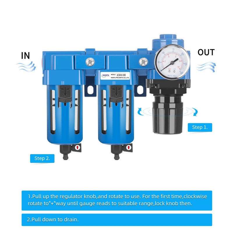 NANPU 1/2" NPT Air Drying System - Double Air Filters, Air Pressure Regulator Combo - Manual Drain, Poly Bowl - DFR-04M - Image 2
